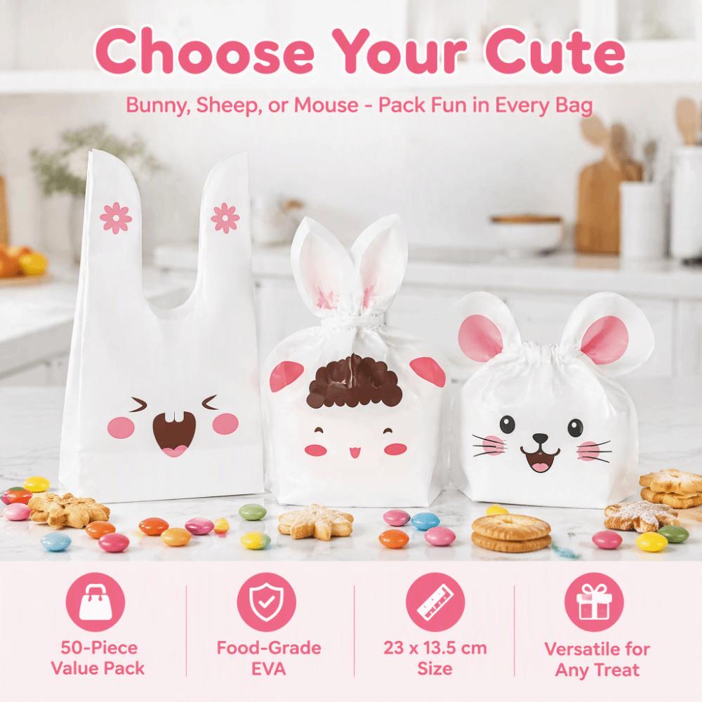 50PCS Long Ear Treat Bags Bunny Sheep Mouse Print Snack Packaging Bag Easter Party Favor