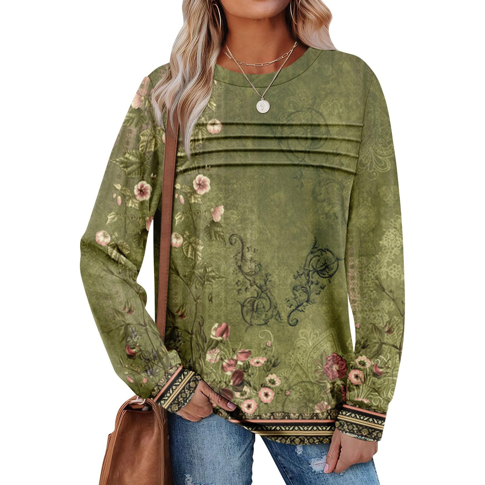 

Women s Casual Long Sleeve Round Neck Sweatshirt Fit Pleated Top M