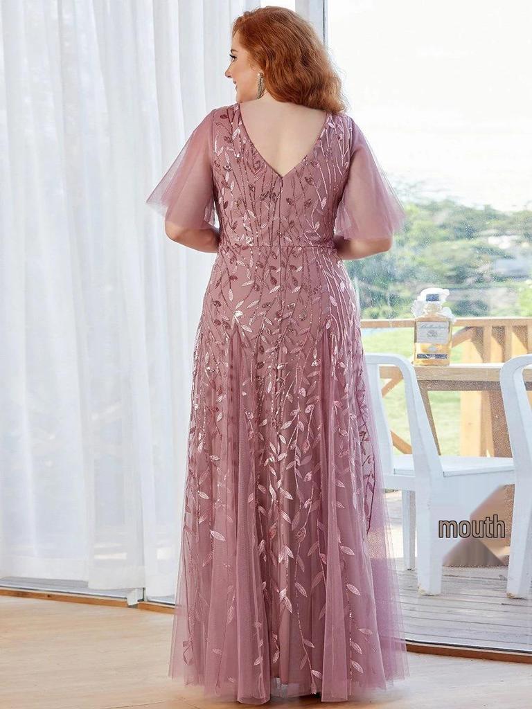 Plus Size Embroidered Sequin Evening Gown with Ruffle Sleeves and Fishtail Skirt