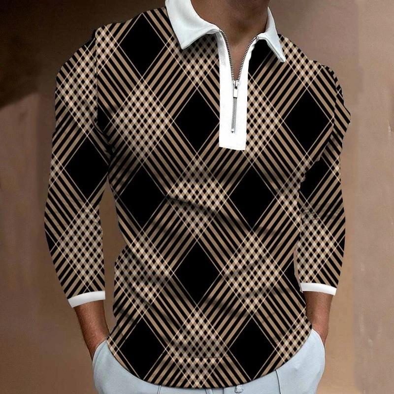 Herren Digitale Print Lässiges Umlegekragen Langarm Poloshirt Modisches Reißverschluss Oberteil