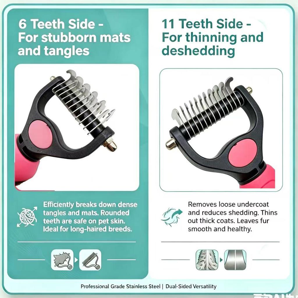 Professional Pet Dematting Brush Double Sided Undercoat Rake for Dogs & Cats Ergonomic Safe Shedding Tool for Whole Pets