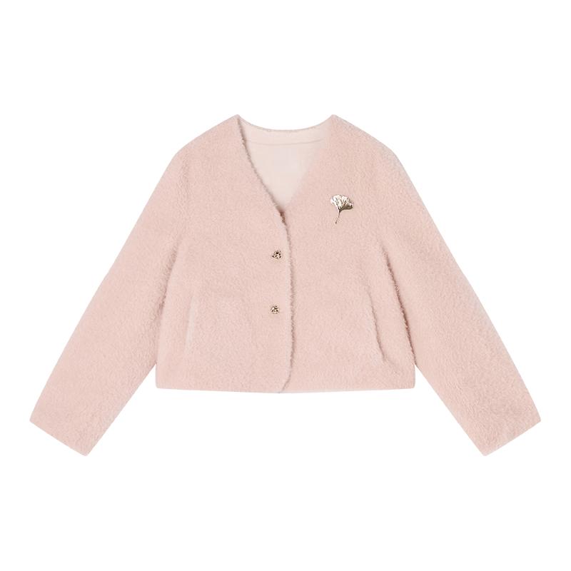 Xiangying Women s Pink Cat Plush Faux Fur Short Jacket L