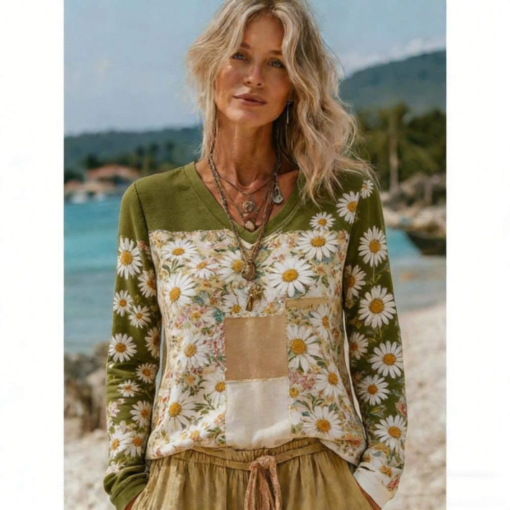 Europe America Style Fashion Splicing Colors V-neck Women's T-shirt Pullover Women Long Sleeve Clothing Outdoor Casual Tees Top