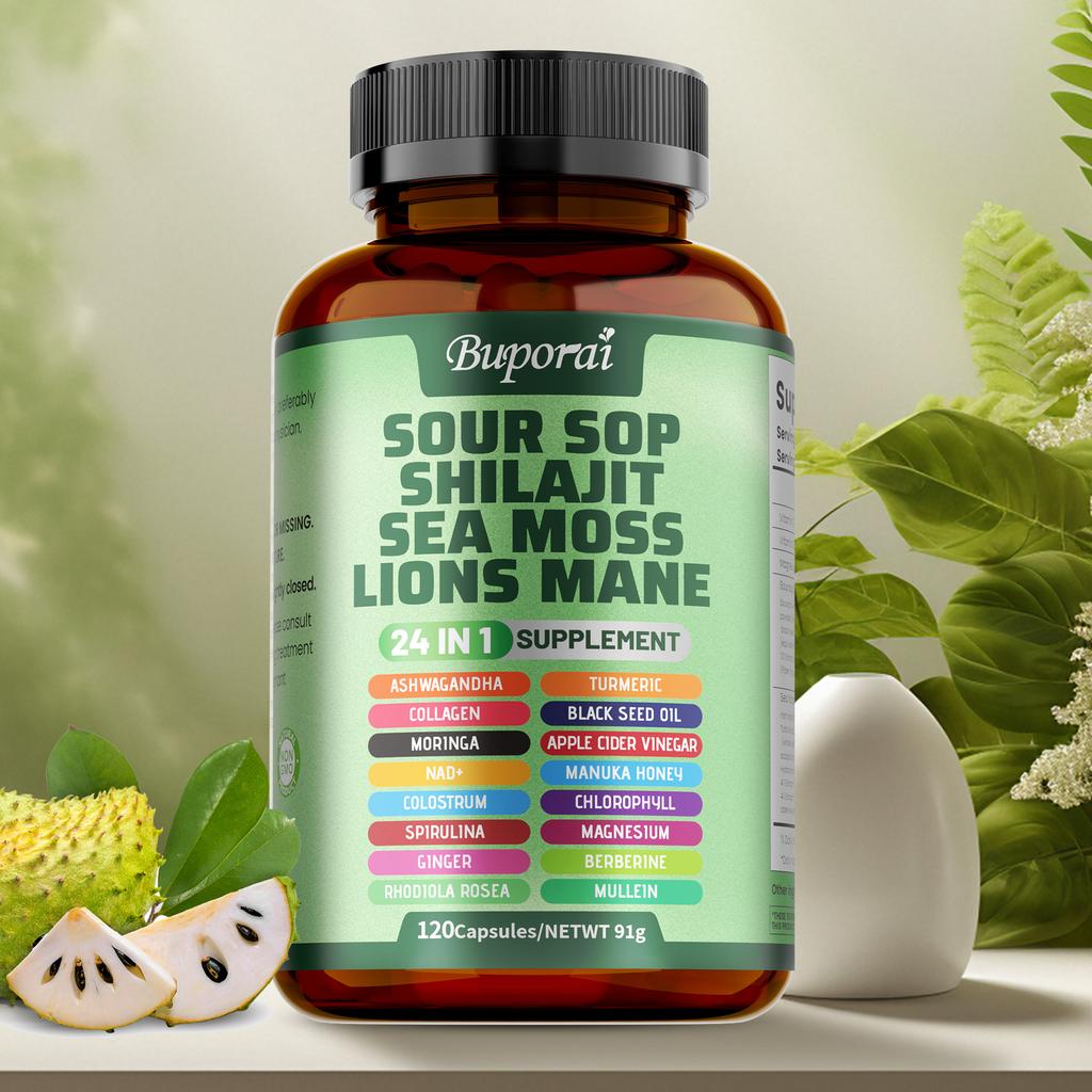 Soursop Capsules Contain Shiitake Mushroom, Seaweed, and Hericium Erinaceus Extract; Vegan; Antioxidant Support; and Joint Health Benefits.