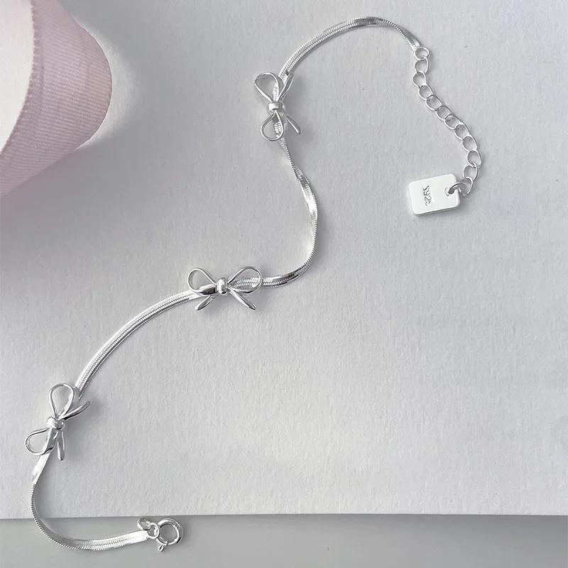 Silver Snake Bones Bow Bracelet for Women Girls Sweet Charm Bowknot Short Clavicle Chain Necklace Jewelry Set