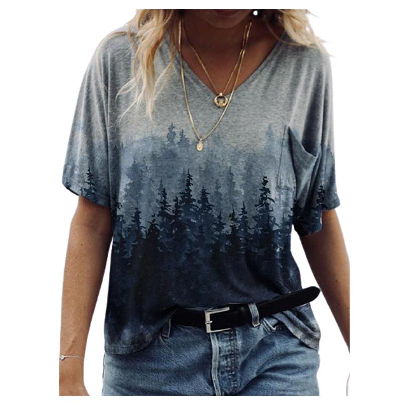 Fashion Spring  Forest Print Blouses Short Sleeved V-Neck T Shirts Casual