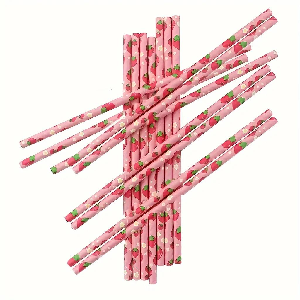 Pink Strawberry Paper Straws Set for Summer Fruit Themed Party Decorations Seaside Beach Birthday Celebration Festive Tableware