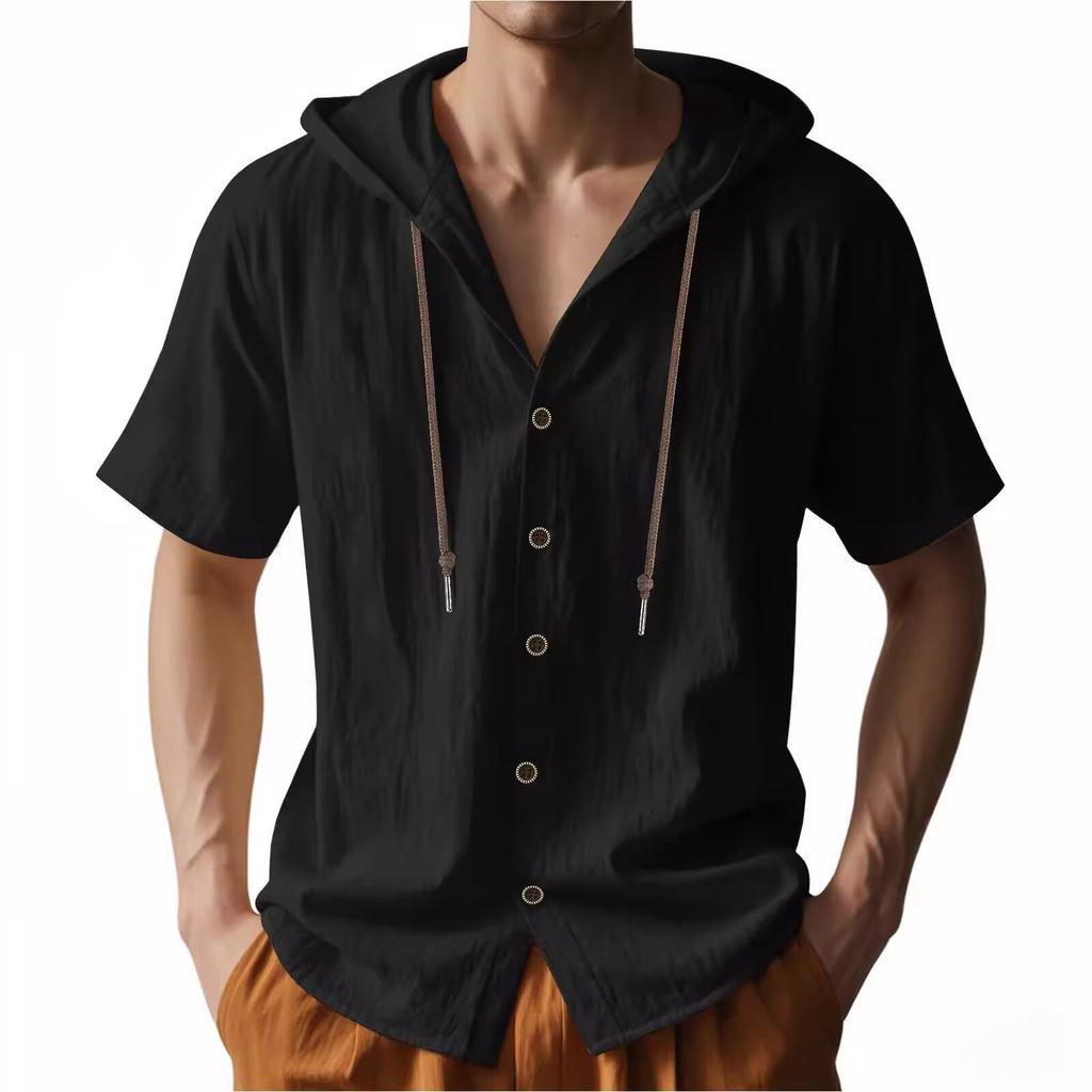 Men's Solid-Color Hooded Shirt: Cotton-Linen Casual Breathable Top for Spring/Summer