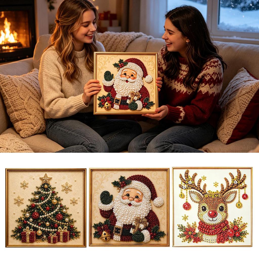 Christmas Framed 3D Pearl Painting Kit, DIY Sparkling Pearl Art Set, Beginner-Friendly Holiday Wall Decor Craft for Adults