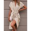 JPNTKY Women's Fashion Summer Spring Solid Color Print V-Neck Short Sleeve Casual Dresses