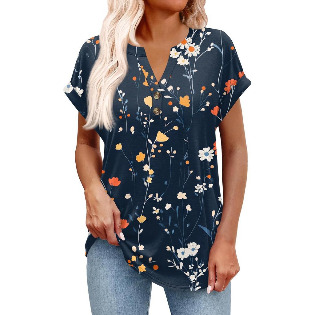 Dámský módní ležérní krátkorukávový svetr s výstřihem do V, na knoflíky, s potiskem