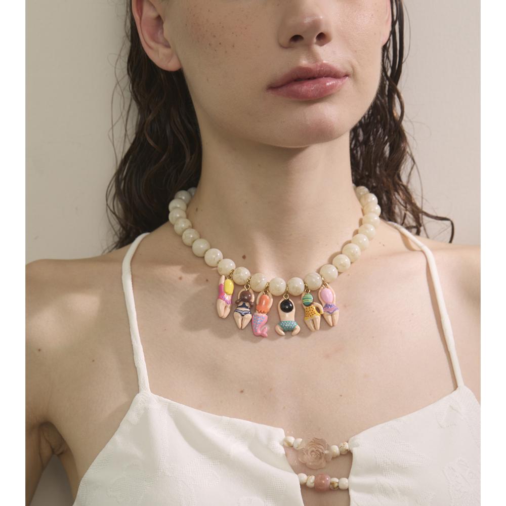 Yhpup Stylish Unique Handmade Jewelry Glass Imitation Stone Beads Chain Resin Bikini Doll Drop Creative Necklace Accessories