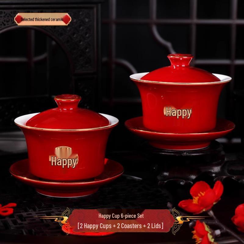 Bridal Tea Cup Set: Complete Wedding Tea Set with Red Bowls, Chopsticks, and Happy Bowls