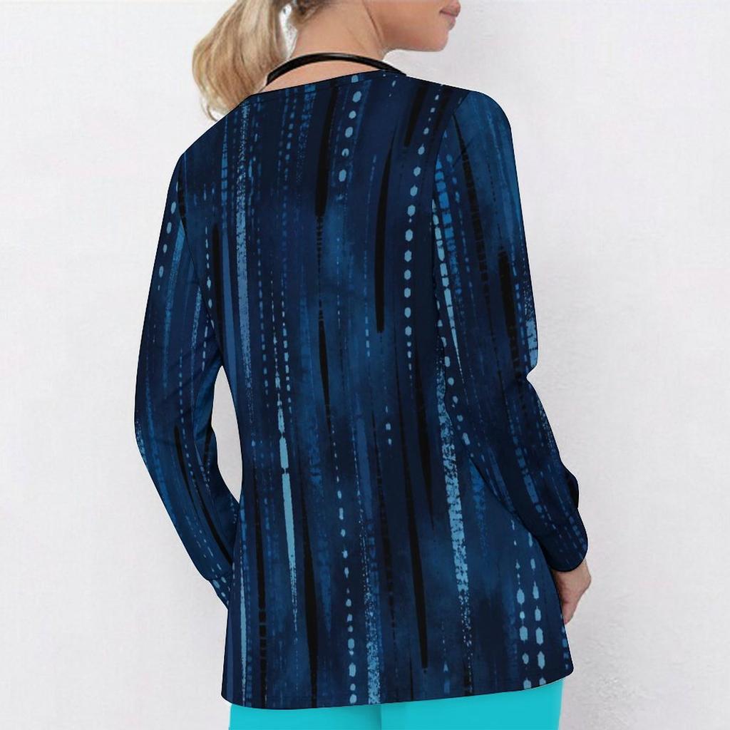 Women Plus Size Dark Blue Printed Nurse Scrub Top V Neck Long Sleeve With Pockets