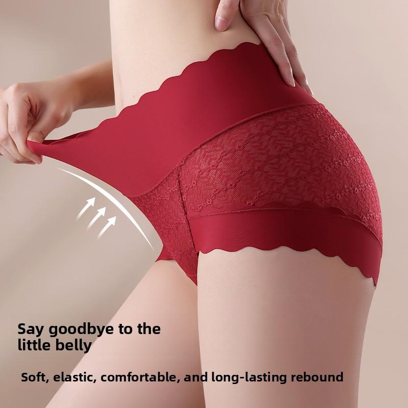 Ladies Spring and Summer Sexy Lace High Waist Belly Not Roll Edge No Mark Mulberry Silk Anti  Antibacterial Briefs