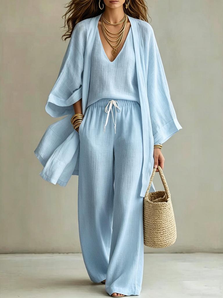 European/American Spring-Fall Three-Piece Set: Loose 9-Sleeve Cardigan, Sleeveless Vest, and Long Pants.