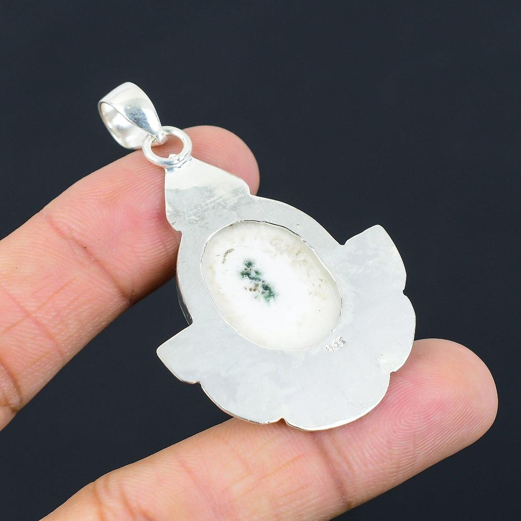 Oval Natural Solar Moss Opal Elegant Wedding Pendant Jewelry 925 Sterling Silver