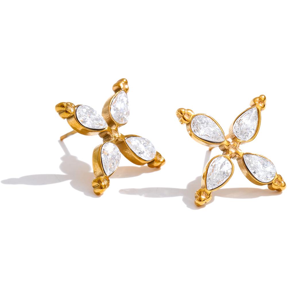 Yhoup Luxury Bling Cubic Zirconia Flowers Stud Earrings High Quality Stainless Steel Daily Delicate Fashion Jewelry Wholesale