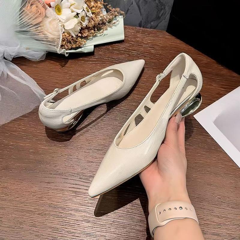 Fashion Cutout Low Heel Single Shoes Women's Pointed Toe Shallow Mouth One Strap Non-Slip Wear-Resistant Block Heel Shoes