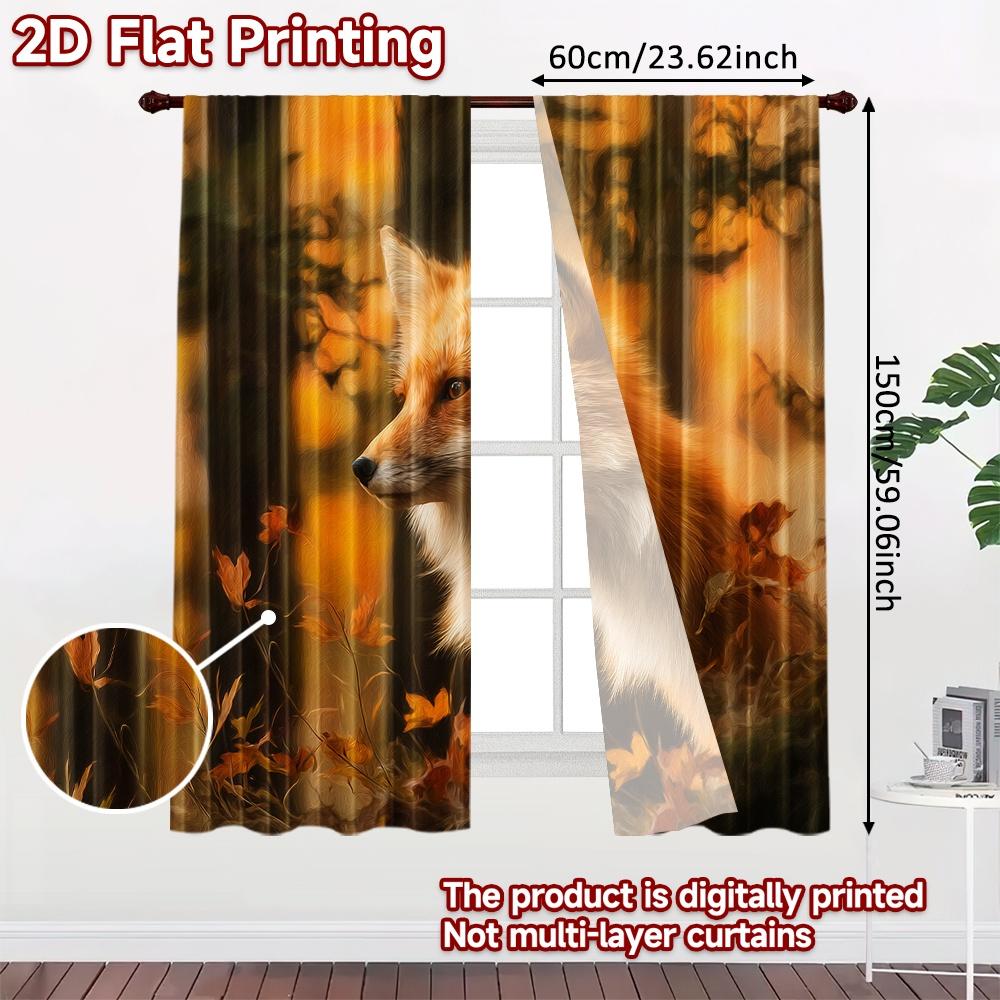 2pcs, 2D FLAT PRINTING Curtains (Without Rod) Autumn Fox Scene Holiday printed curtains Fabric Curtains Outdoor Decorations