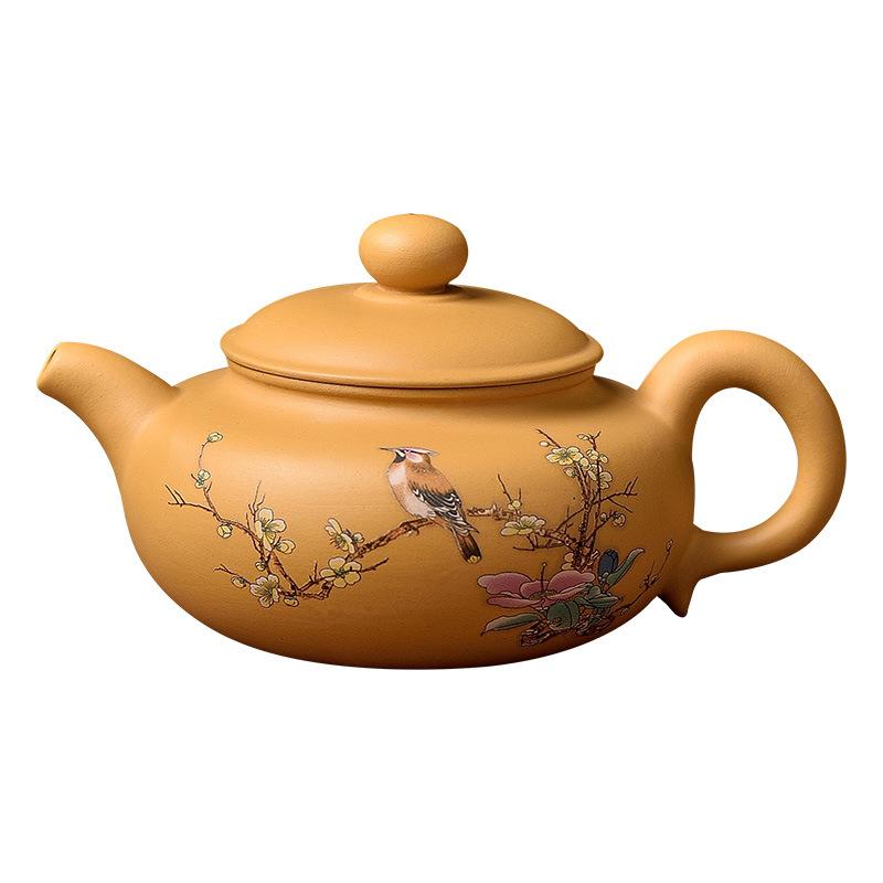 Hand Painted Flower and Bird Gold Vermilion Mud Purple Sand Teapot Yixing Tea Brewer Kung Fu Tea Set Xishi Concubine Antique Segment Mud Pot