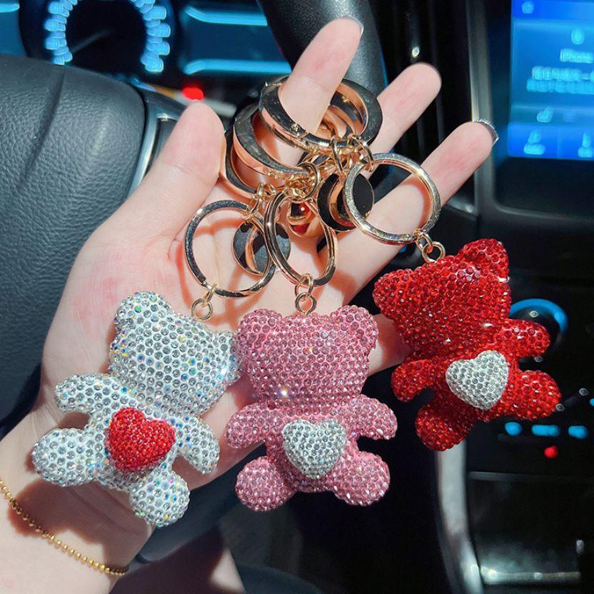 Unique Fun Keychain Gift For Girls Pure Handmade DIY Inlay Full Of Rhinestone Cute Bear Car Keychain Pendants And Bag Ornaments