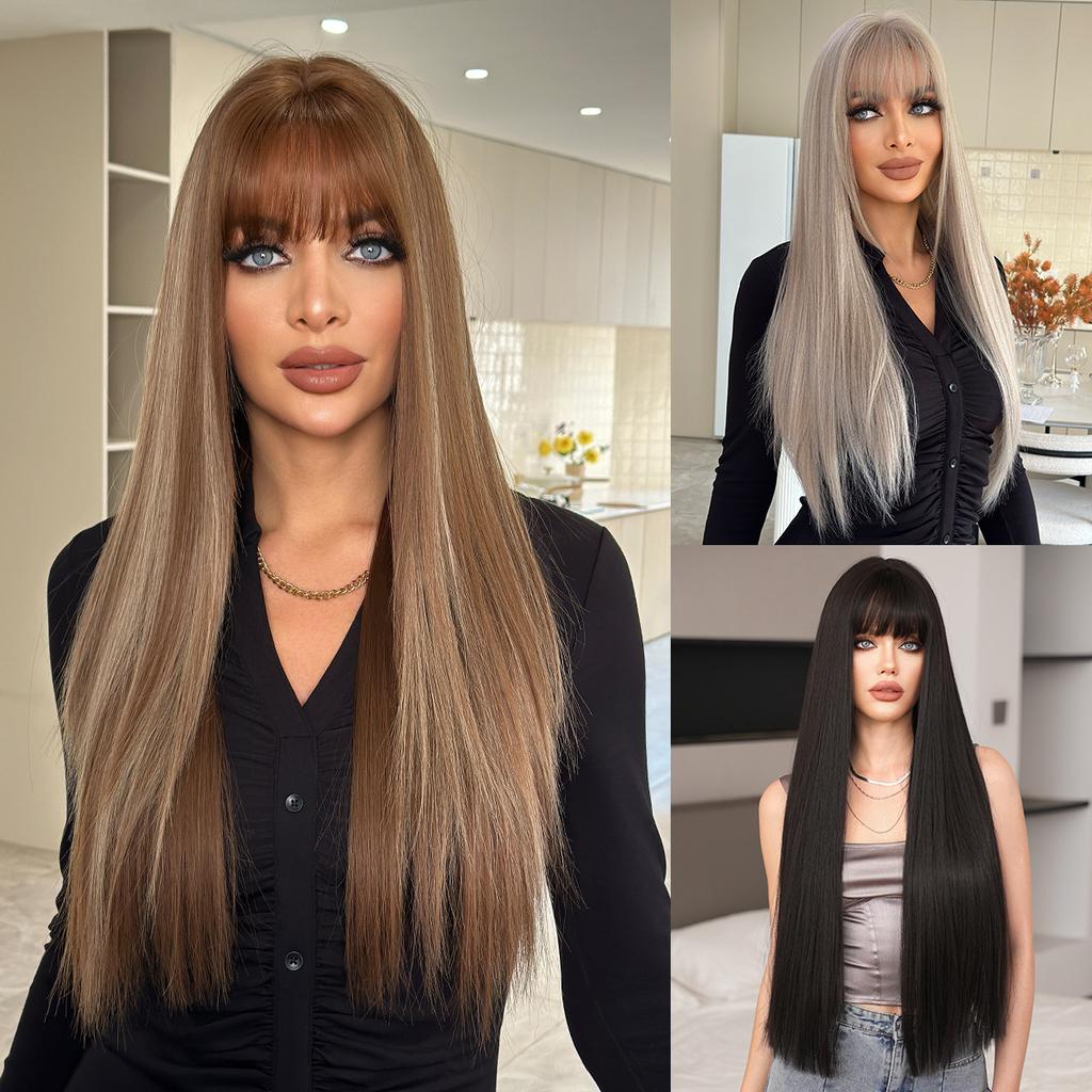 New Highlighted Brown Long Straight Wig for Women - Full Bangs One-Length Cut JK Schoolgirl Style Rejuvenating Daily Wear Full Cap Wig