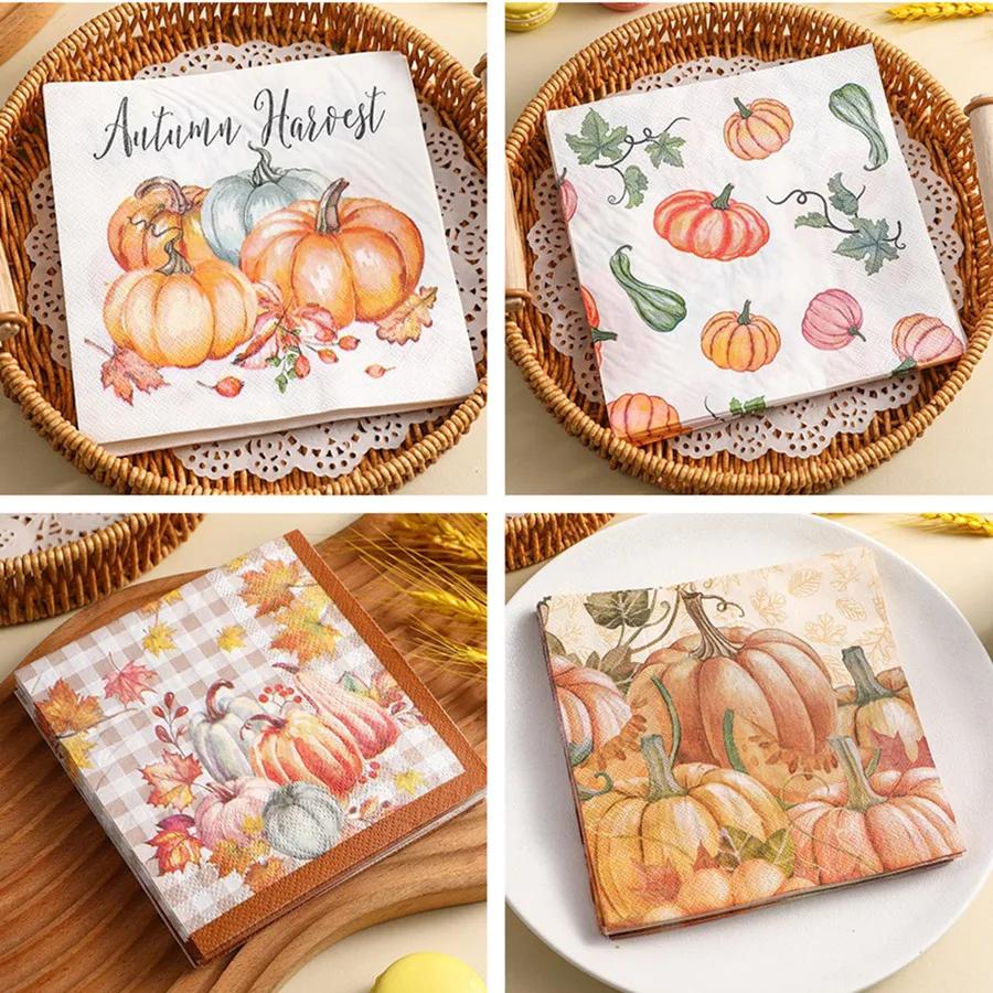 20Pcs/pack Thanksgiving Pumpkin Tissue Two Layer Printed Handkerchief Party Decoration Table Dinner Paper