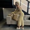 LYRIA Elegant Knitted Sweater Maxi Dress Outfits for Women Flare Sleeve Sexy Backless Dresses Edible Tree Fungus Clothes