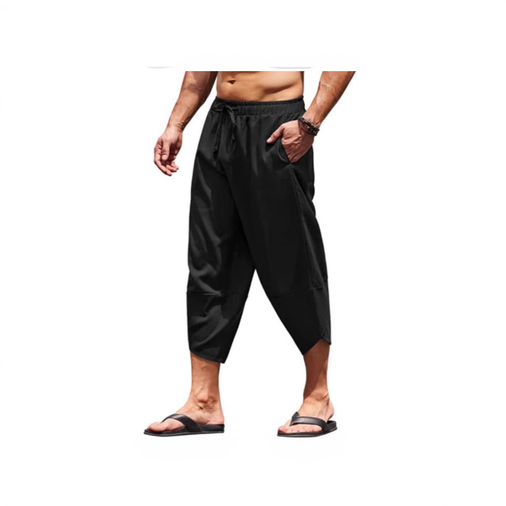 Чоловічі літні суцільні кольорові капрі шаровари чоловічі еластичні талії шнурок 3/4 довжина укорочені штани мішкуваті спортивні штани