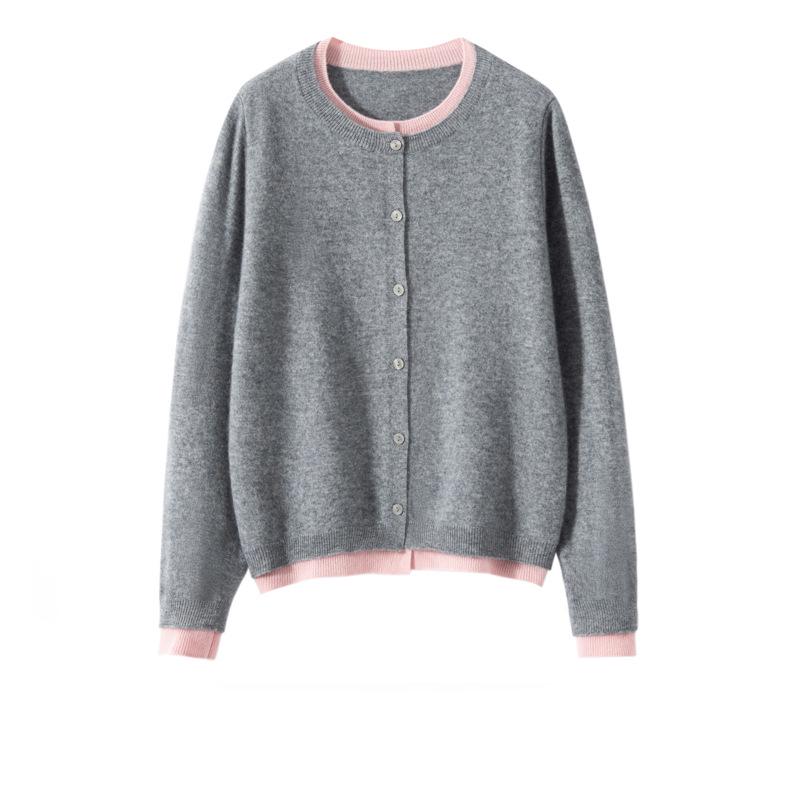 Women's Designer-Style Cashmere Cardigan: Round Neck, Color-Block, Faux Two-Piece Sweater