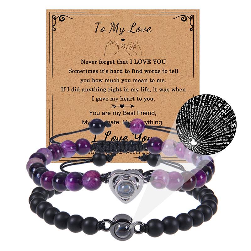 Bracciale con proiezione "Ti amo" in 100 lingue con pietra naturale smerigliata e turchese bianco per coppie
