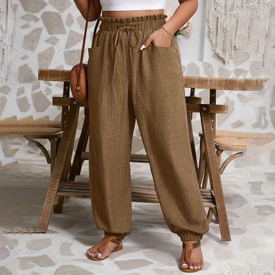 Ladies' Casual And Fashionable Loose Elastic Waistband Drawstring Closure Solid Color Pants