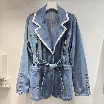 Manteau Rich Girl Européen Printemps 2026 Denim & Dentelle à Revers