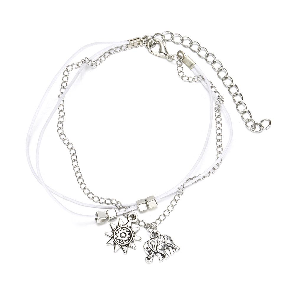 Bohemian Alloy Elephant & Sun Leather Chain Anklet with Beads