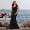 European and American Style Long Dress for Plus-Size Women, V-Neck, Ruffled Sleeves, Cocktail Party Evening Dress, Mother's Dress, Party Dress