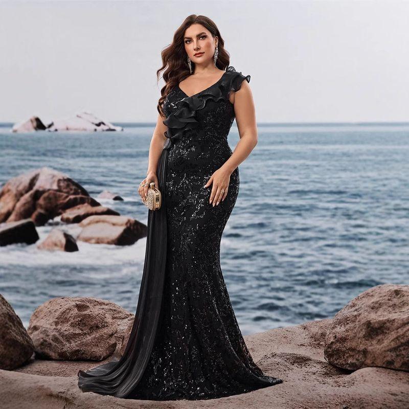European and American Style Long Dress for Plus-Size Women, V-Neck, Ruffled Sleeves, Cocktail Party Evening Dress, Mother's Dress, Party Dress