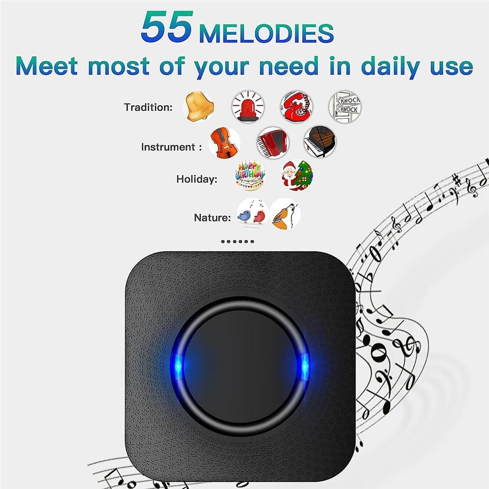 Wireless Doorbells,55 Melodies 5-level Volume And,ip55 Waterproof,with 300 Meters,led Flash,plug-in-black