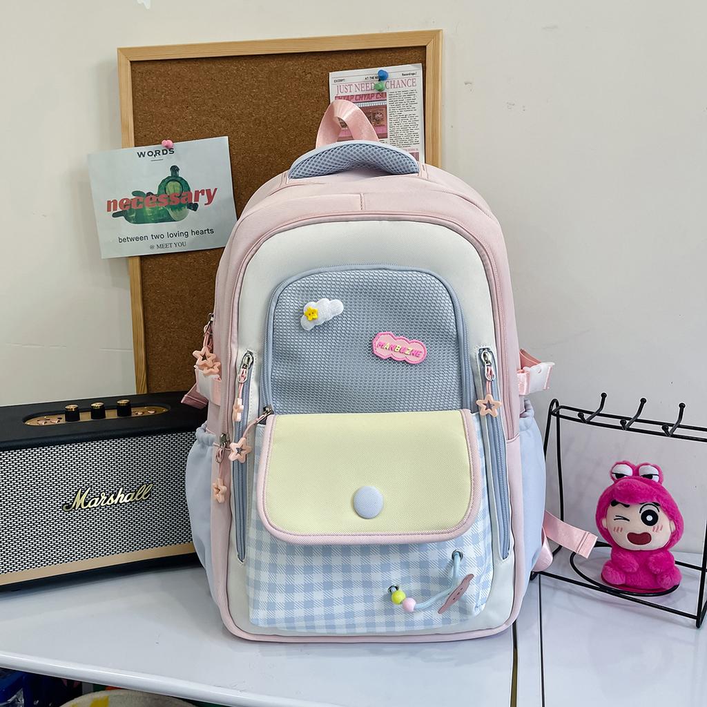 Schoolbag Japanese High-value Ins Plaid Girl Style Backpack Dopamine Contrasting Color College Style Primary and Secondary School Backpack