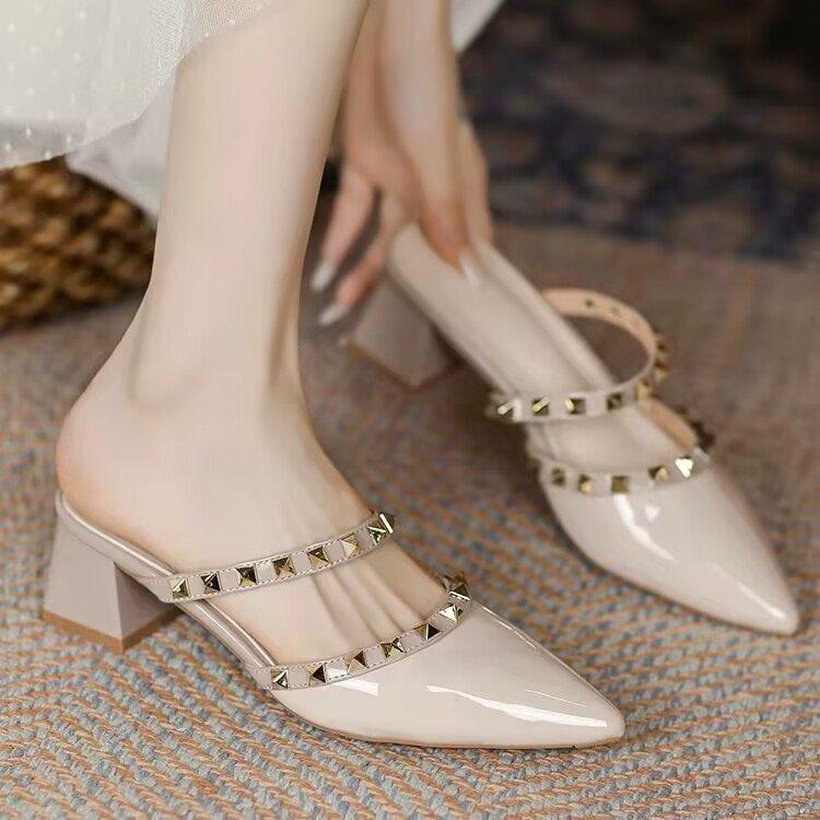 Baotou Half Slippers Outer Wear Spring 2025 New Fairy Medium Heel Pointed Sandals Rivet High Heels Single Shoes