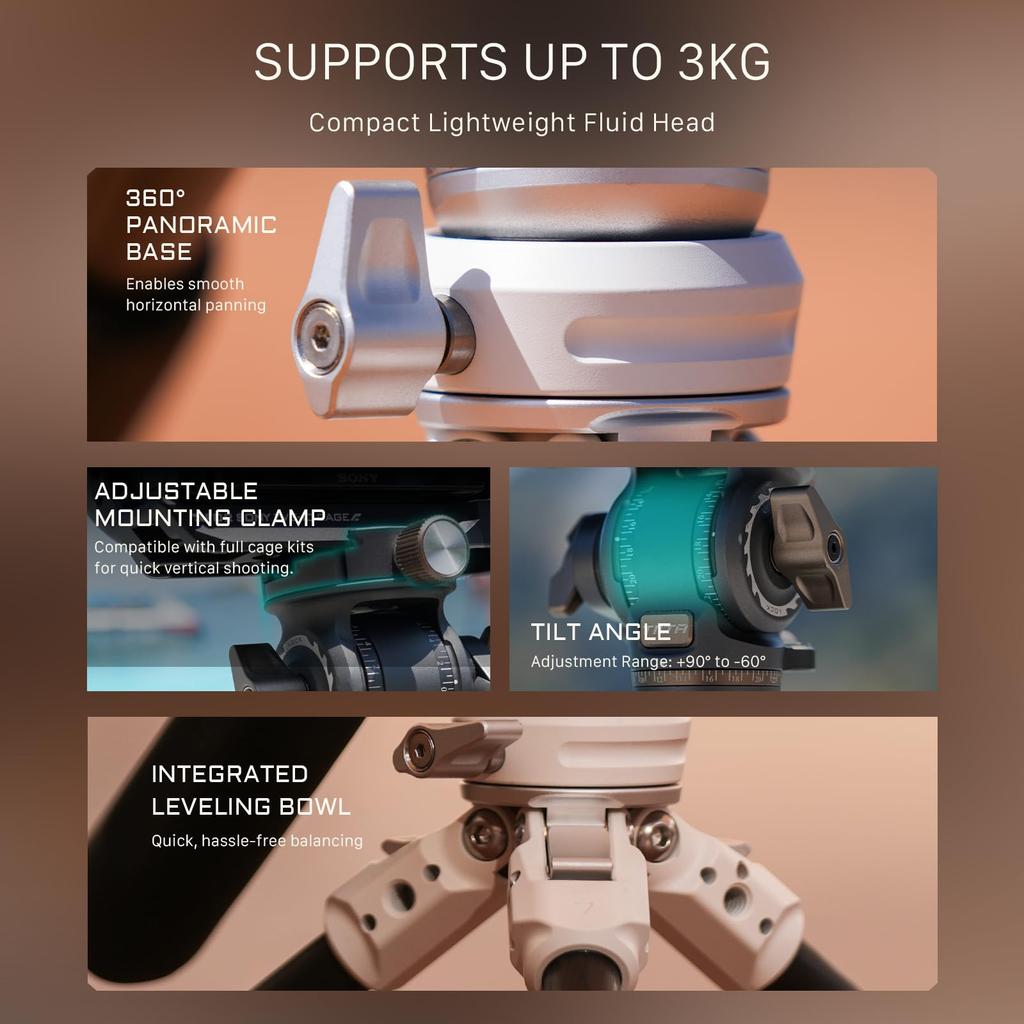 TILTA Tisch-Video-Fluidkopf, 1-stufiges Stativbein aus Kohlefaser, Space Gray (3 kg) TT-VT03-FB-SG