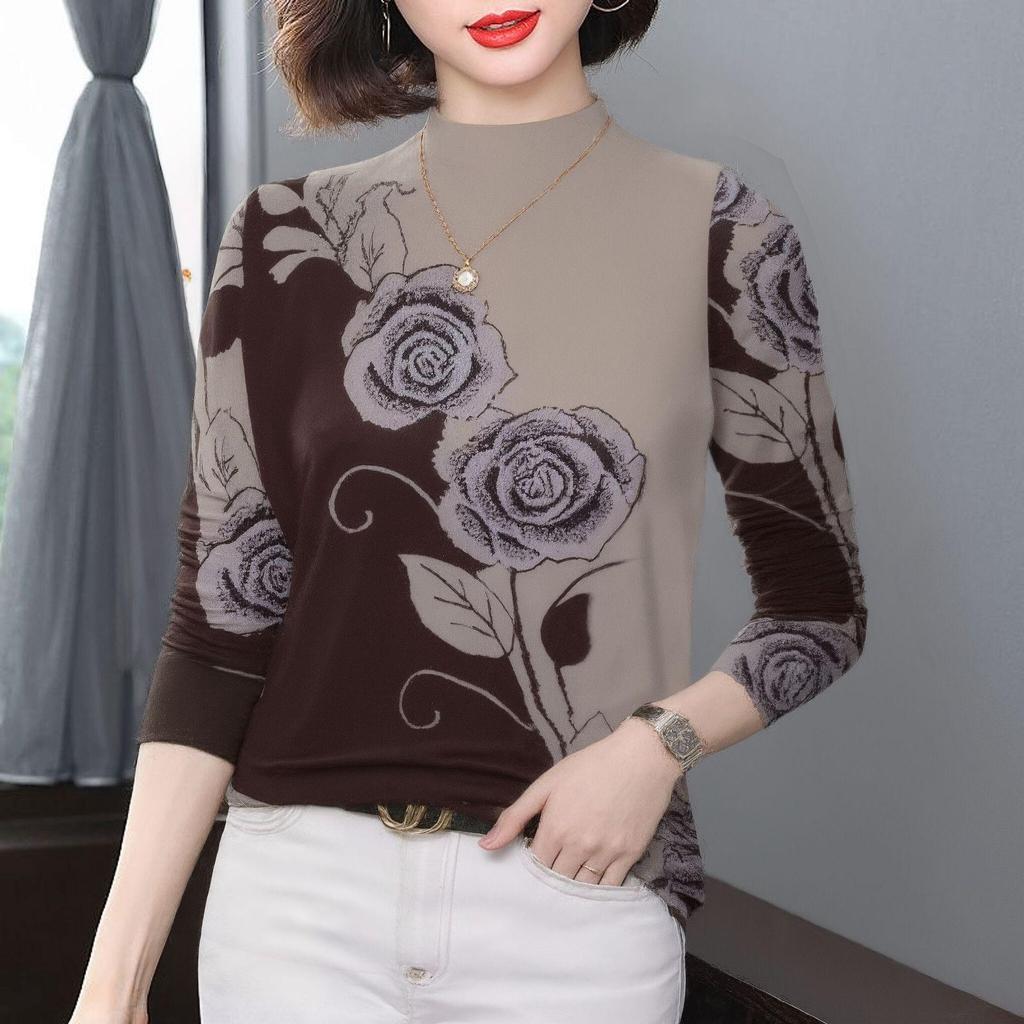 Women's Winter Printed Fleece-Lined Long-Sleeve T-Shirt, Age-Reducing, Tummy Concealing, Semi-High Neck - Ideal for Middle-Aged and Elderly Moms.