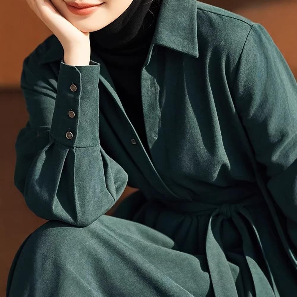 Autumn and Winter New Thickened Lace-up Waist A-shaped Skirt Dark Green Polished Corduroy Shirt Dress Women