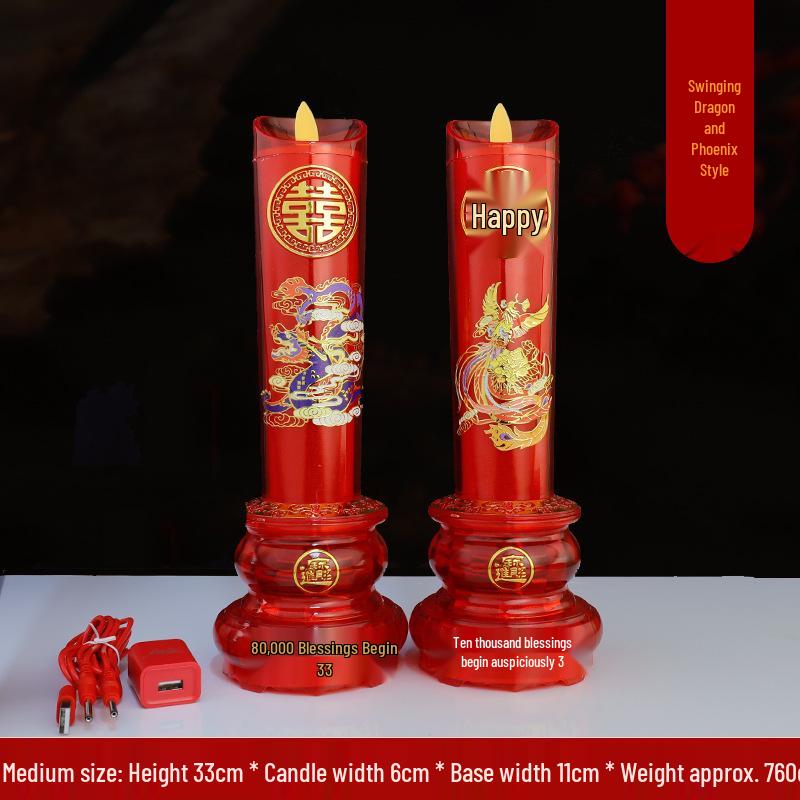 LED Wedding Dragon & Phoenix Smokeless Candle Lights - Red, Battery-Powered with Simulated Flame for Proposals & Ceremonies.