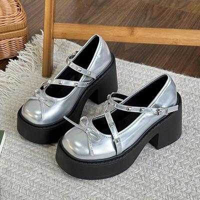 Fashion Black Y2K Lolita Shoes Pumps Women Chunky Platform Mary Jane Shoes Woman Gothic Metal Rivet Design Thick Heel JK Uniform Shoes
