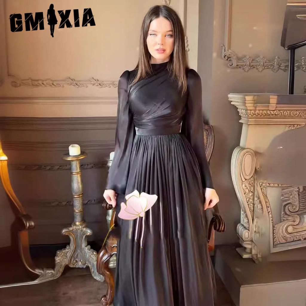 GMXIA Semi-turtleneck Dress Women's Long Sleeve Tea Break Waist Skirt