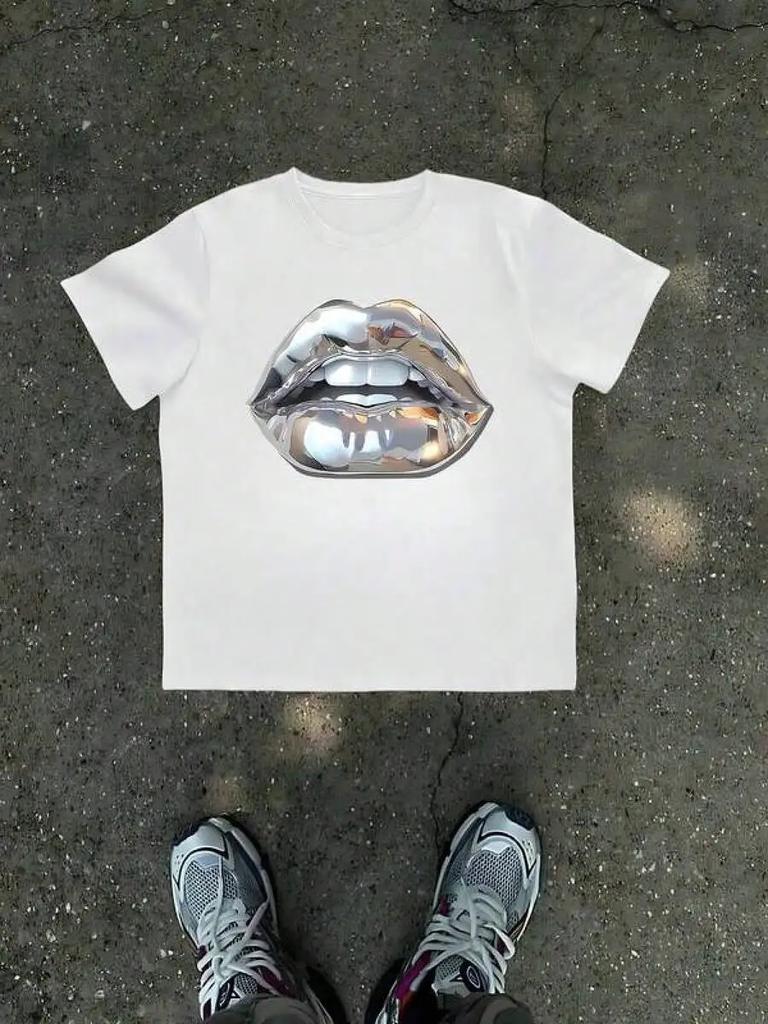 Graphicshirt Cotton Tees Size Plus1pcs Silver Lips Print Unisexs T Shirt Artistic Mouth Graphic