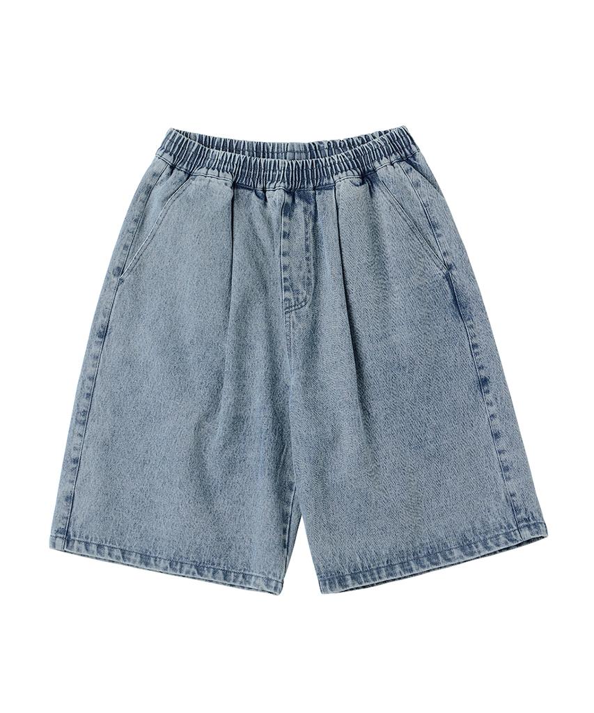URBANAGE Bermuda Single-Pleat Elastic Denim Shorts Ice Blue