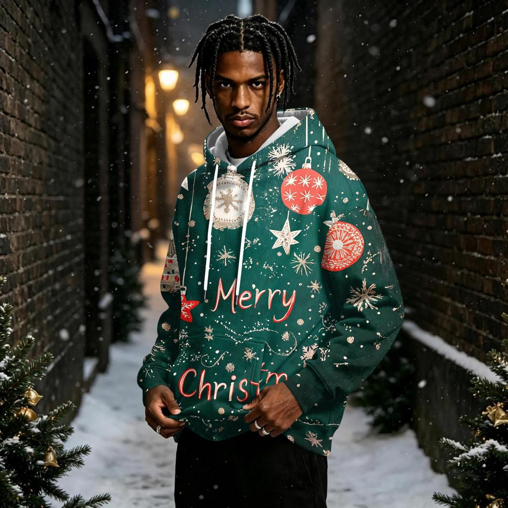 Men's Christmas Print Lined Pullover Hoodie Long Sleeve Sweatshirt