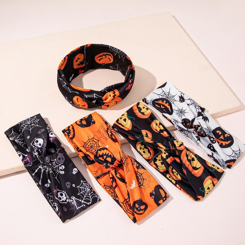 Halloween Headband Double Cross Knot Headwrap Pumpkin Skull Ghost Spider Bat Elements Stretchy Hair Band 5pcs